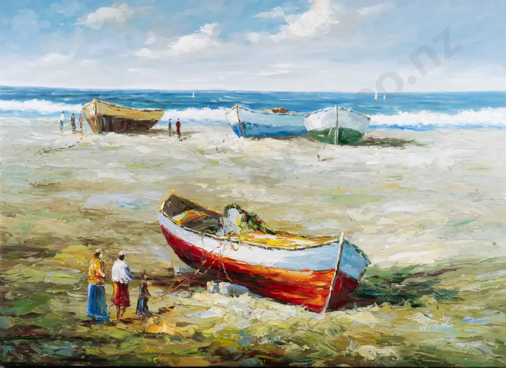 illegible signature - boxed oil on canvas - boats on beach H-820 W-1140 Image 1++