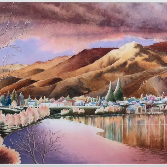 Peter Jackson - framed watercolour - lake scene  H-350 W-510