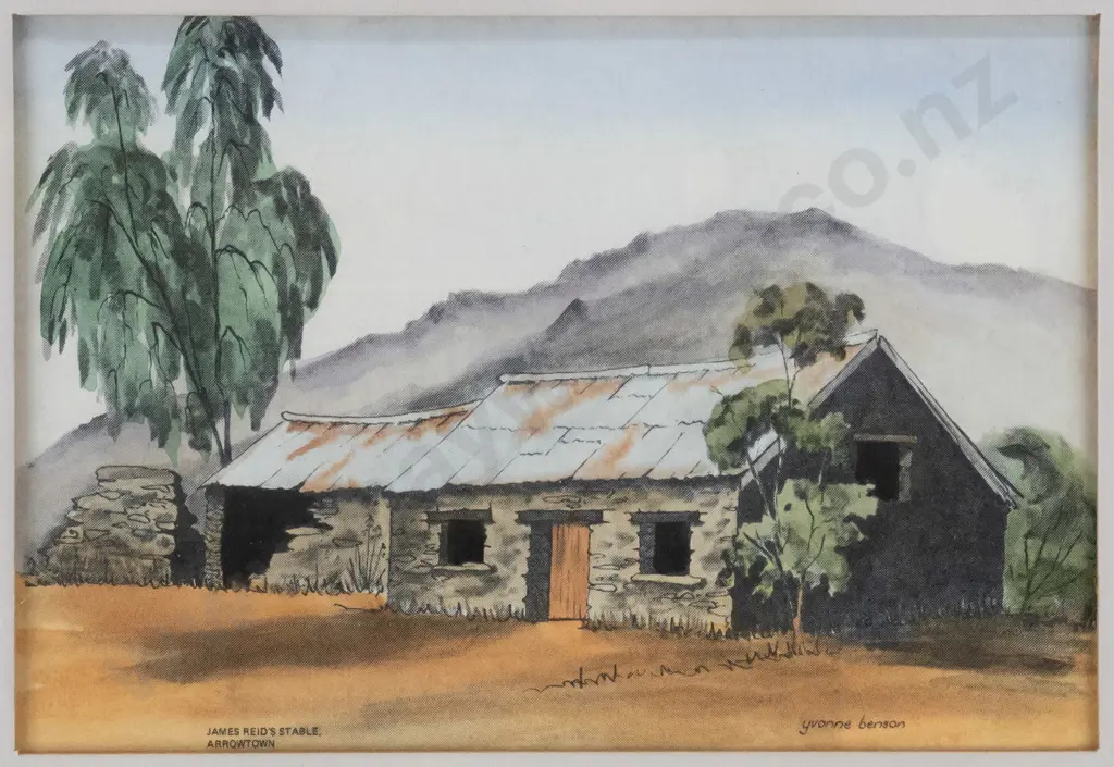 Yvonne Benson - framed ink and watercolour "James Reid's Stable, Arrowtown" H-292 W-380 Image 1++