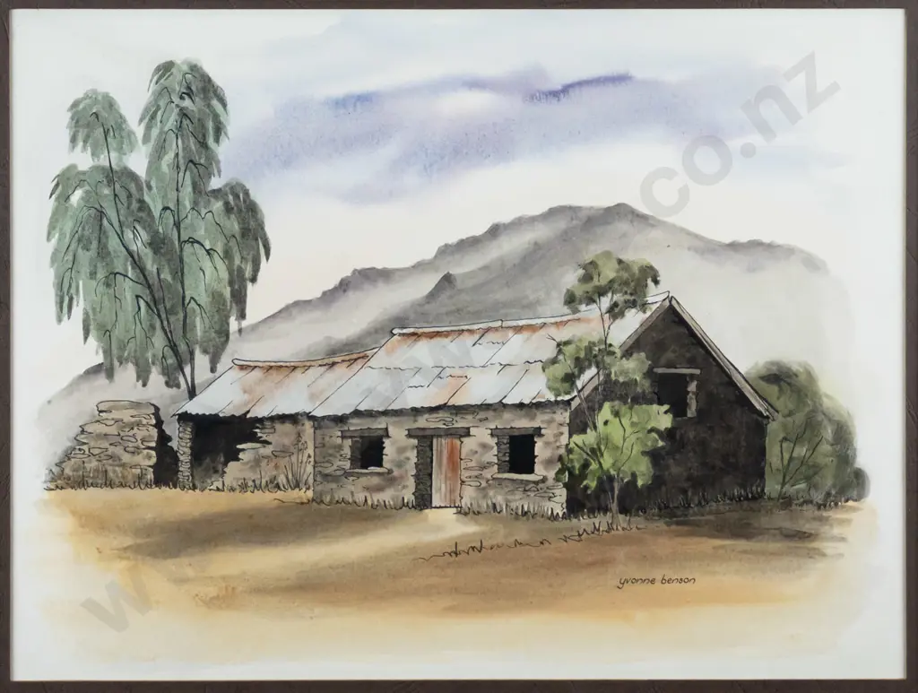 Yvonne Benson - framed ink and watercolour "James Reid's Stable, Arrowtown" H-292 W-380 Image 1++