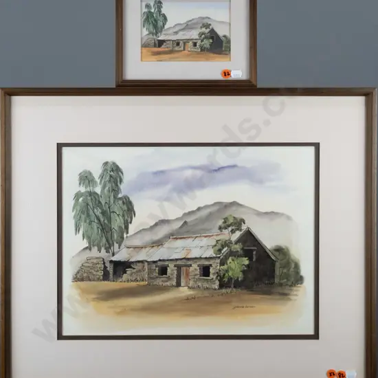Yvonne Benson - framed ink and watercolour "James Reid's Stable, Arrowtown" H-292 W-380