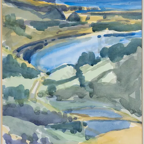 Pauline Bellamy - framed watercolour - inlet view H-240 W-200