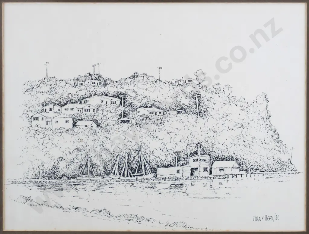 Frank Reed '80 - framed ink "Boat Sheds, Macandrew Bay" H-240 W-320 Image 1++