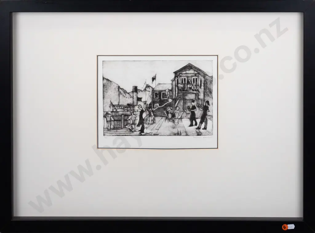 Pauline Bellamy - framed etching 3/50 - Steamer Wharf - Queenstown H-170 W-250 Image 1++