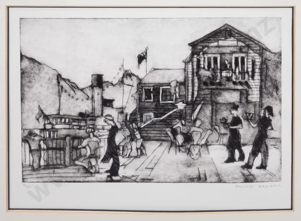 Pauline Bellamy - framed etching 3/50 - Steamer Wharf - Queenstown H-170 W-250 Image 1++