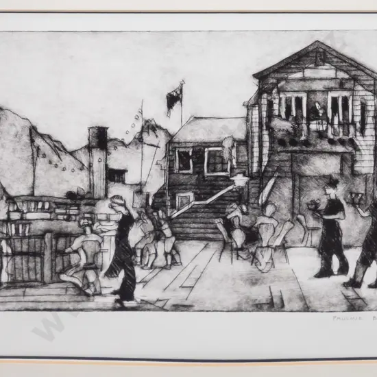 Pauline Bellamy - framed etching 3/50 - Steamer Wharf - Queenstown H-170 W-250