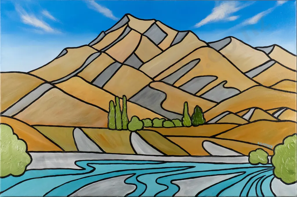 Catherine Garrett 2012 - boxed acrylic on canvas - river and hill scene  H-560 W-1000 Image 1++