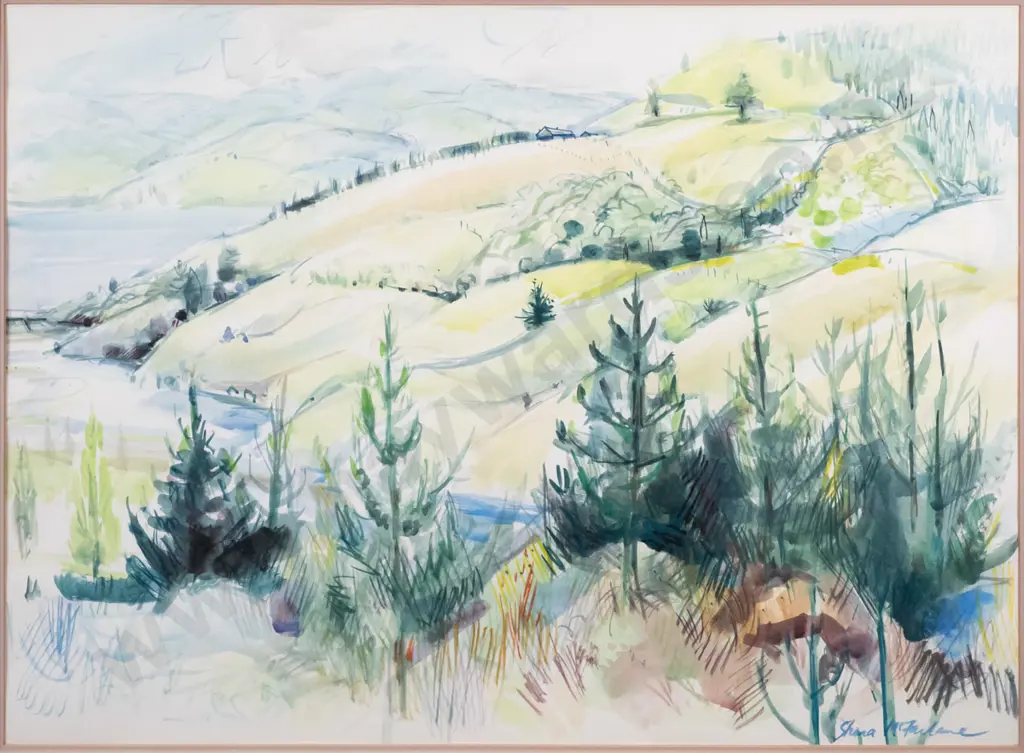 Shona McFarlane - framed watercolour - landscape H-530 W-700 Image 1++