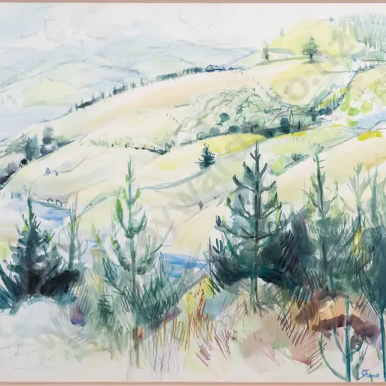 Shona McFarlane - framed watercolour - landscape H-530 W-700
