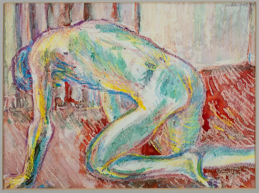 Paul Shirriffs 1989 - framed watercolour and crayon "Nude on Fours" H-220 W-310 Image 1++