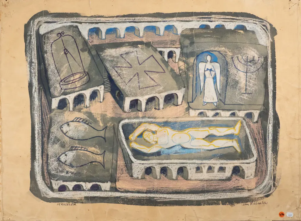 John Middleditch - unframed watercolour "Jerusalem" H-480 W-600 (widespread creasing) Image 1++