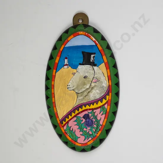 Nicola Jackson 2007 - small mixed media on wood - sheep and thistle H-110 W-65