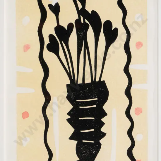 John Robinson '85 - framed linocut 11/12 - vase of flowers H-220 W-100