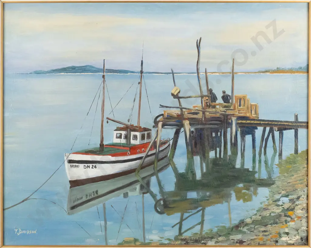 T Davidson - framed oil - boat at jetty H-395 W-500 Image 1++