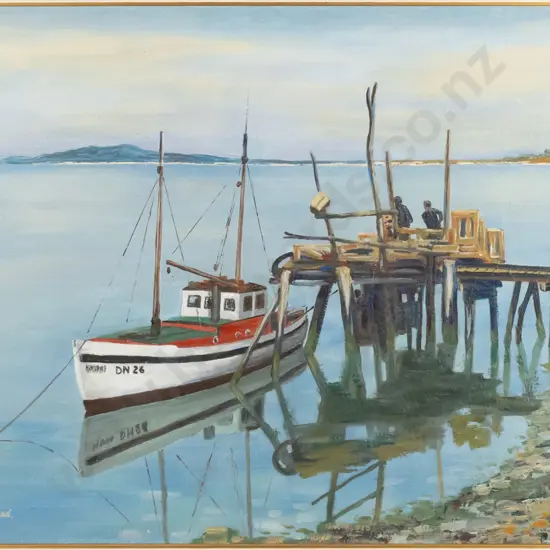 T Davidson - framed oil - boat at jetty H-395 W-500
