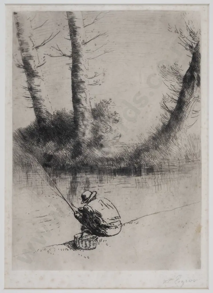illegible signature - framed etching - person fishing H-320 W-235 (widespread foxing) Image 1++