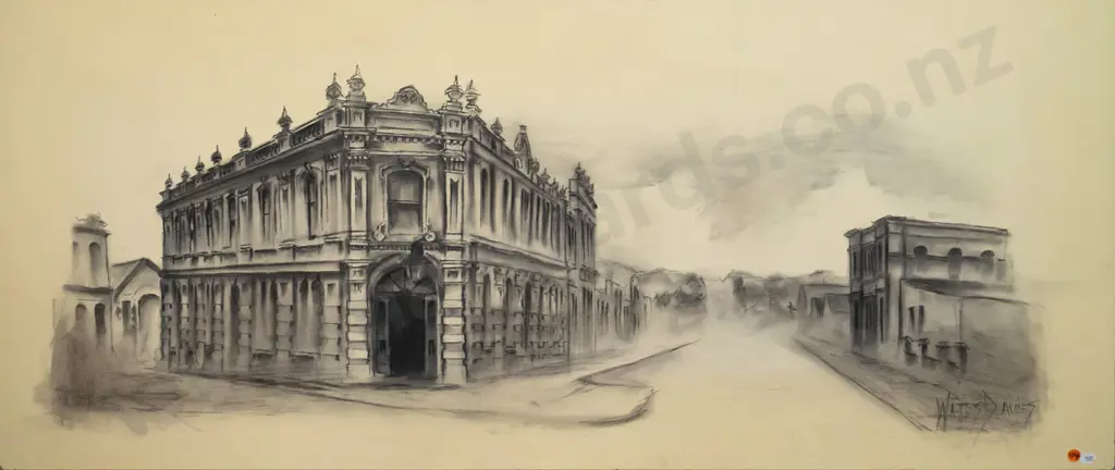 Watts Davies - unframed charcoal on board - Oamaru scene H-520 W-1220 Image 1++