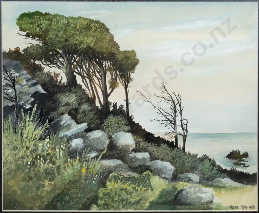 Frank Reed - framed watercolour - coastal scene H-360 W-430 Image 1++
