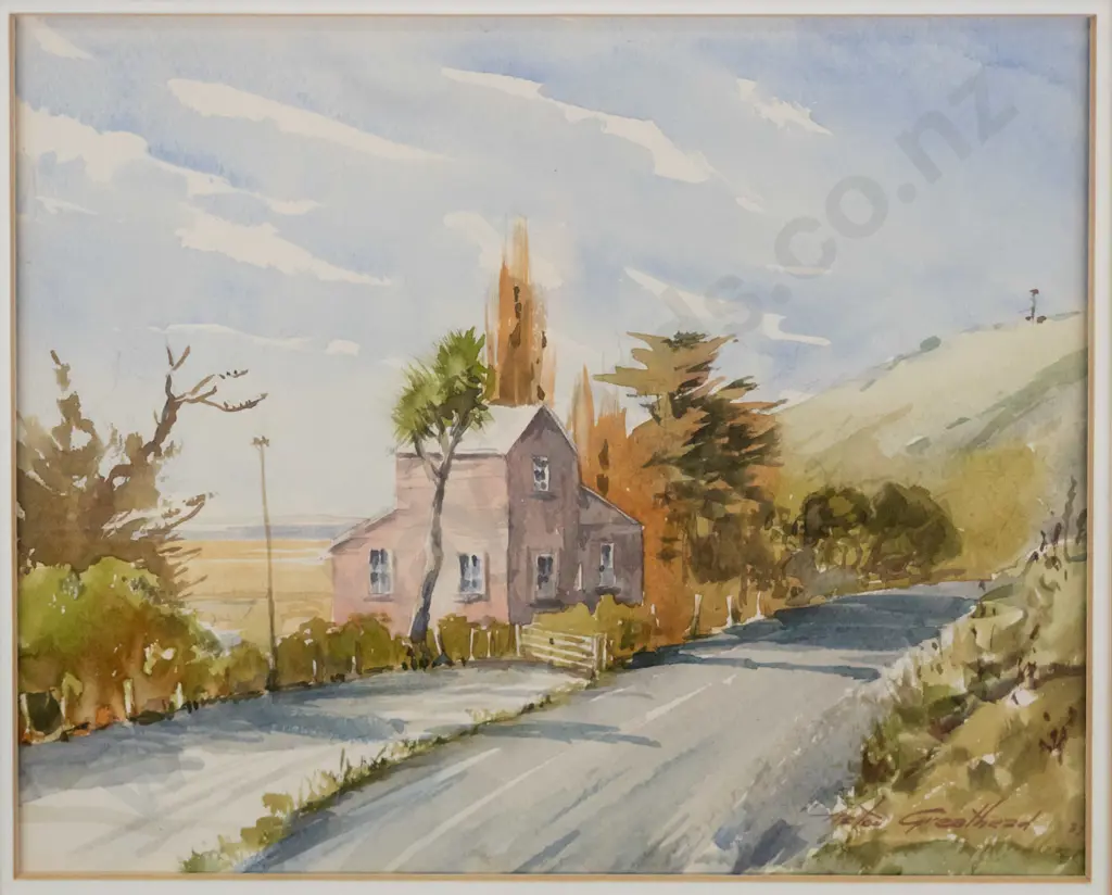 Aston Greathead - framed watercolour "The house that was, near Lake Forsyth, main rd from Akaroa" H-200 W-240 Image 1++