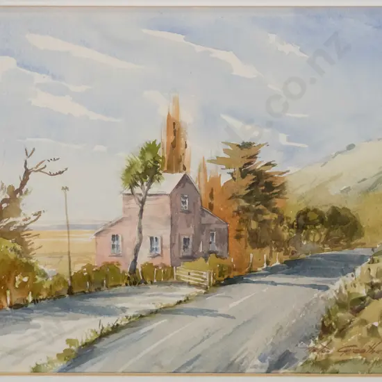 Aston Greathead - framed watercolour "The house that was, near Lake Forsyth, main rd from Akaroa" H-200 W-240