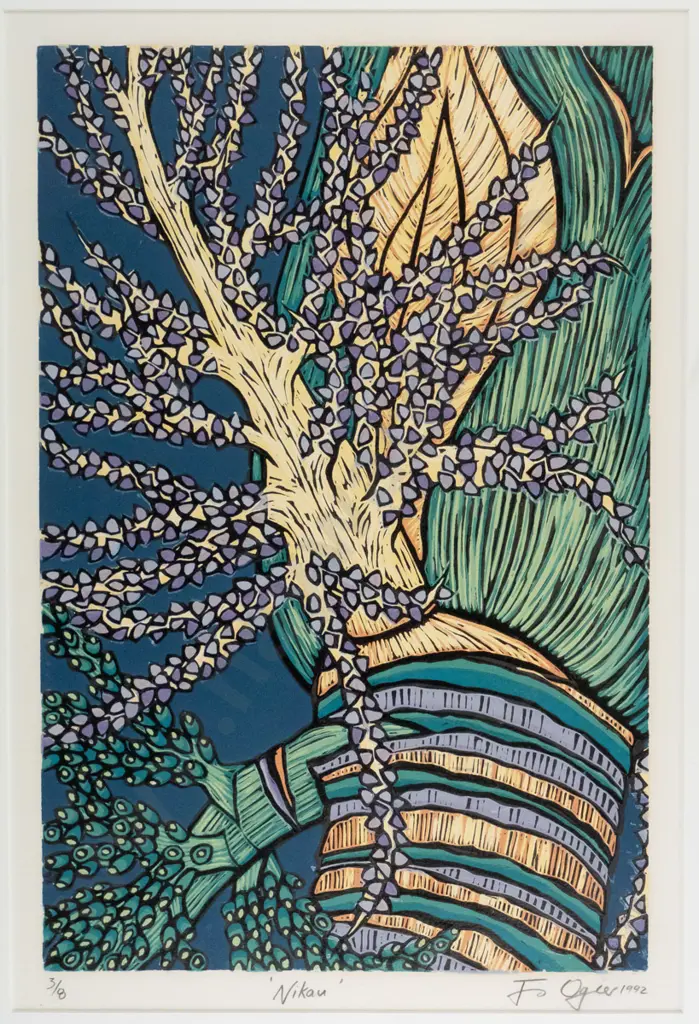 Jo Ogier '1992 - framed woodcut 3/8 "Nikau" H-420 W-280 Image 1++