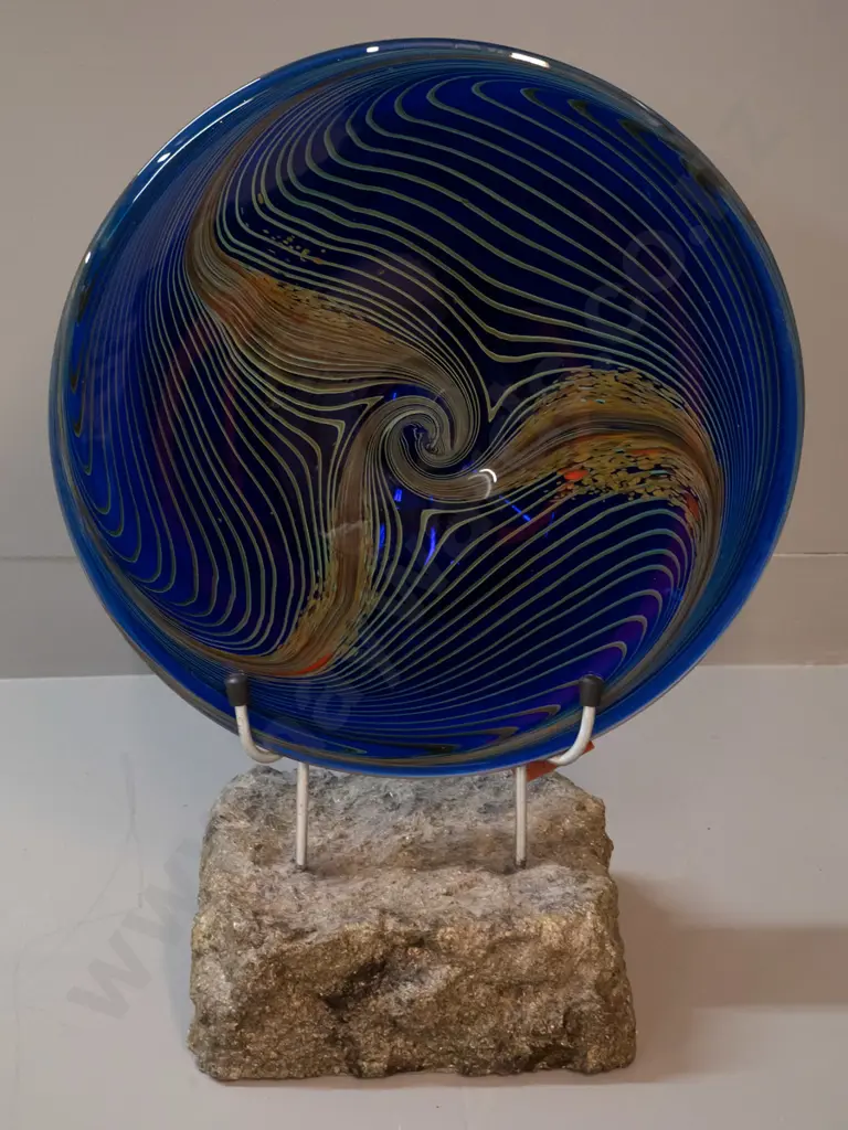 Gerry Reilly 1995 - studio art glass platter mounted on West Coast greywacke base Total H-510 W-385 Image 1++