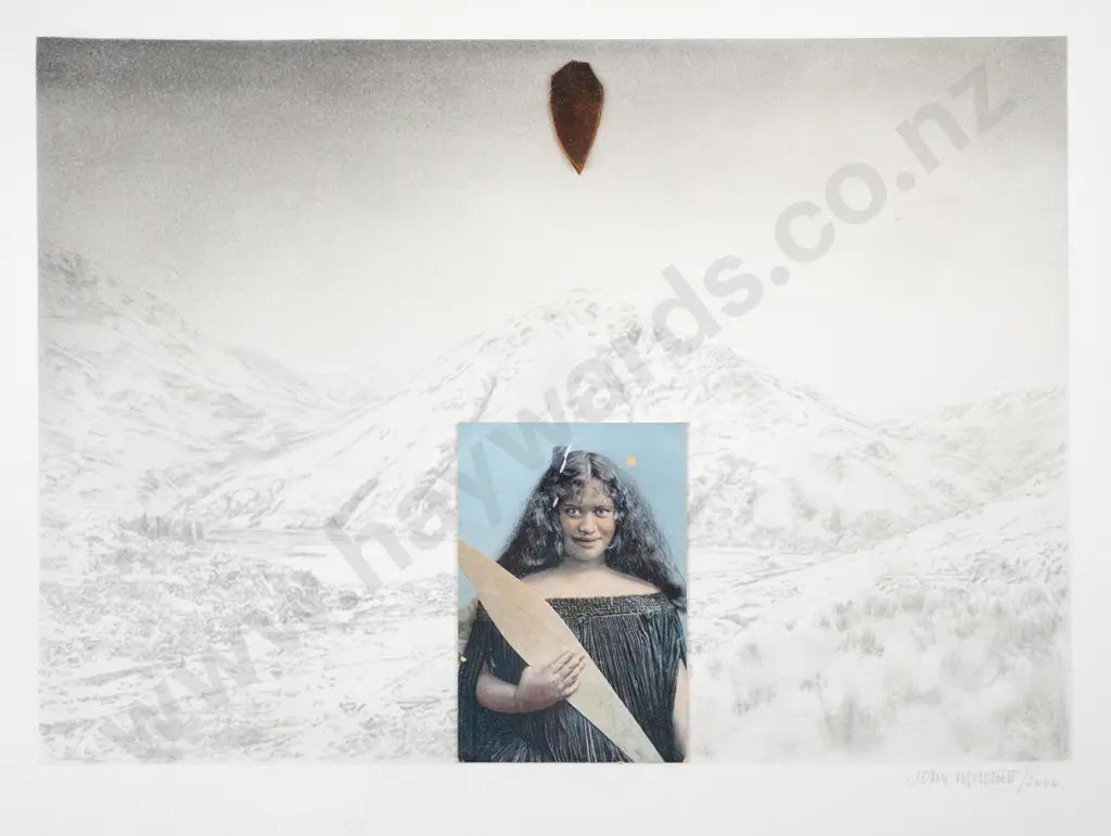 John Mitchell 2006 - unframed mixed media - portrait with landscape background H-850 W-390 Image 1++