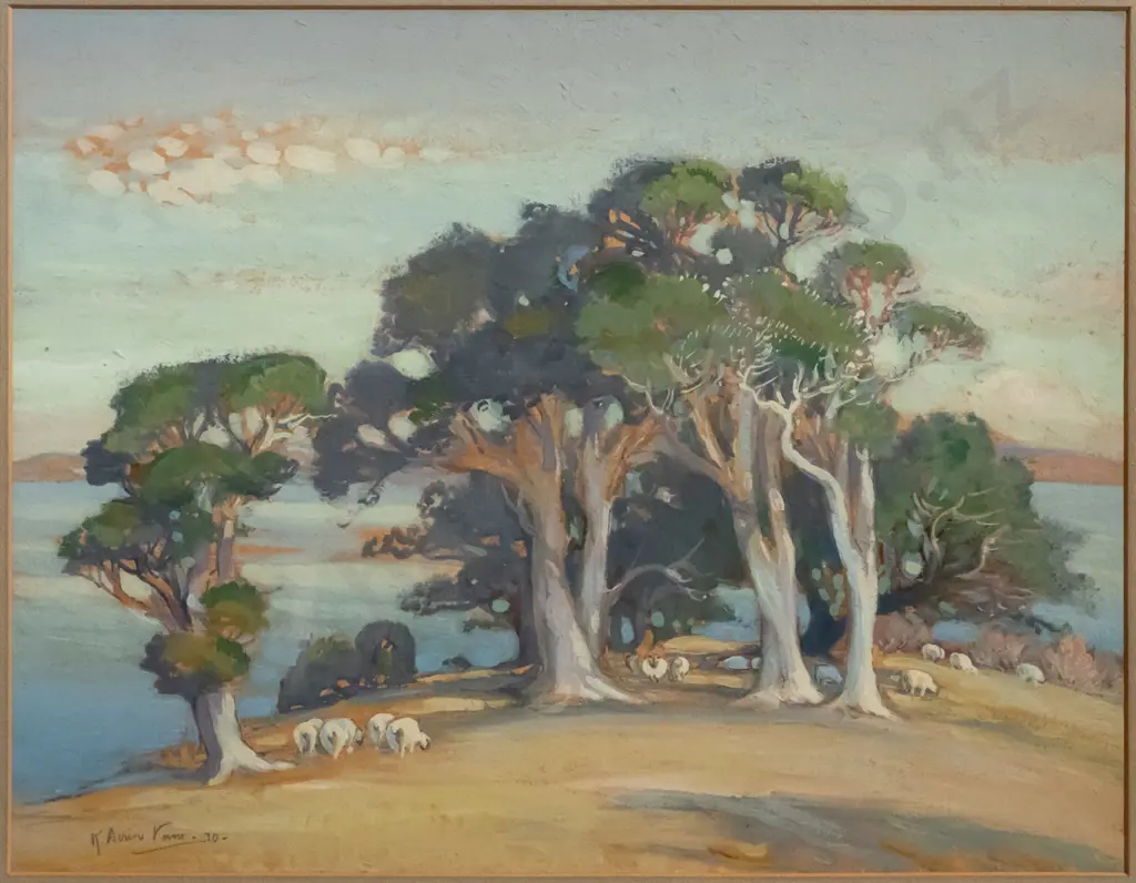 K Airini Vane '30 - framed watercolour - Pohutakawa Point H-370 W-480 (slight foxing to mat) Image 1++