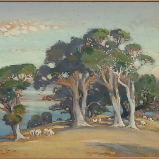 K Airini Vane '30 - framed watercolour - Pohutakawa Point H-370 W-480 (slight foxing to mat)