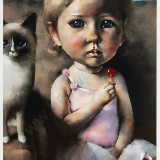 framed Suzy Platt ltd edition print 43/50 - girl and cat H-370 W-270
