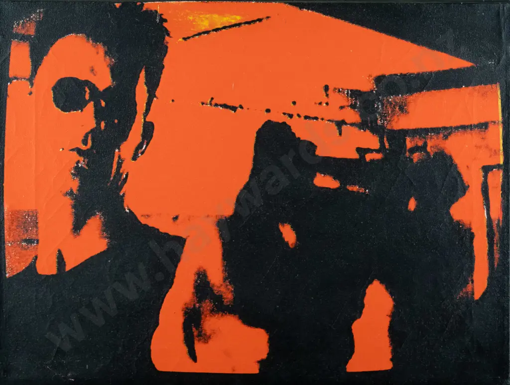 Bruce Mahalski 1996 - boxed acrylic on canvas "Johnny Payne with a gun, Auckland '88" H-380 W-500 (cracks to  paint) Image 1++