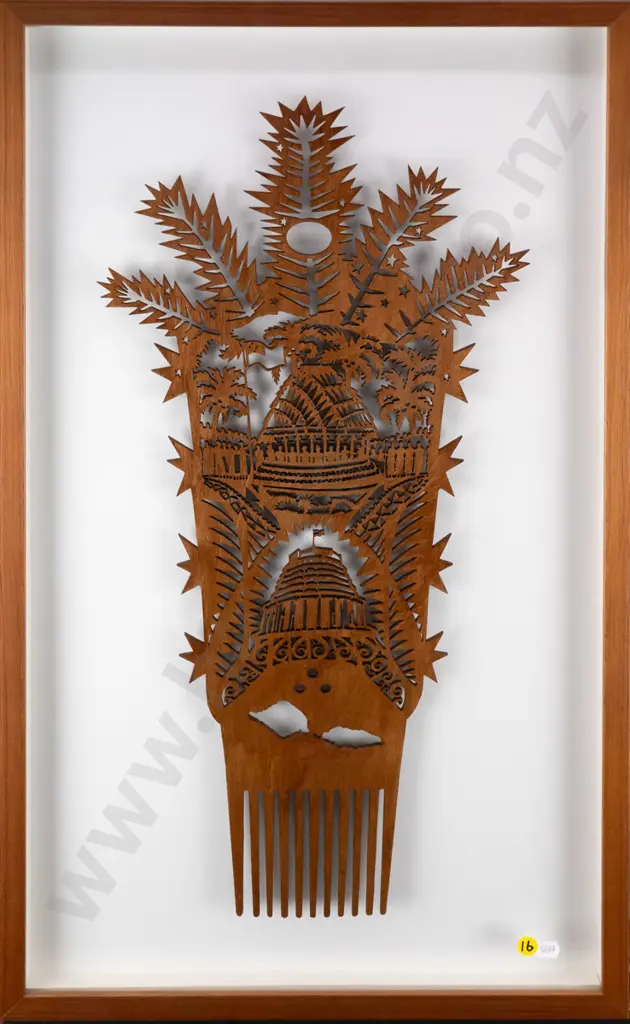 Michel Tuffery 2012  - framed rimu lasercut - cultural comb H-680 W-380 Image 1++