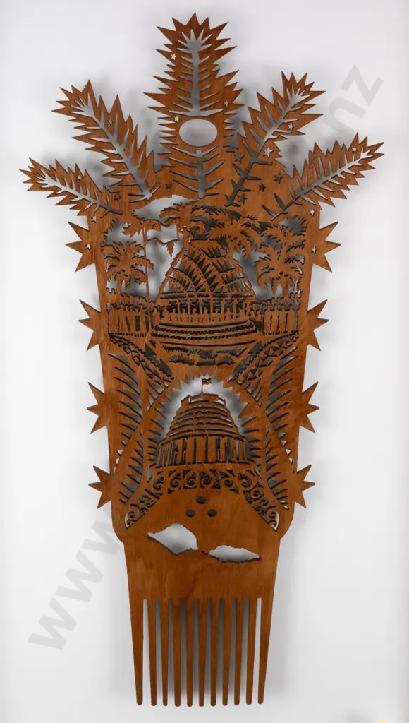 Michel Tuffery 2012  - framed rimu lasercut - cultural comb H-680 W-380 Image 1++