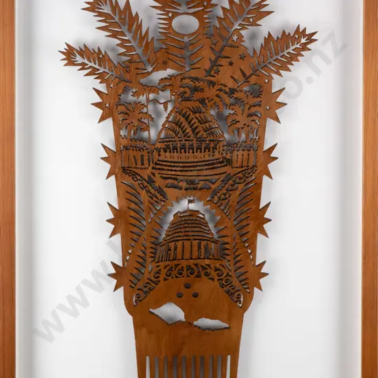 Michel Tuffery 2012  - framed rimu lasercut - cultural comb H-680 W-380