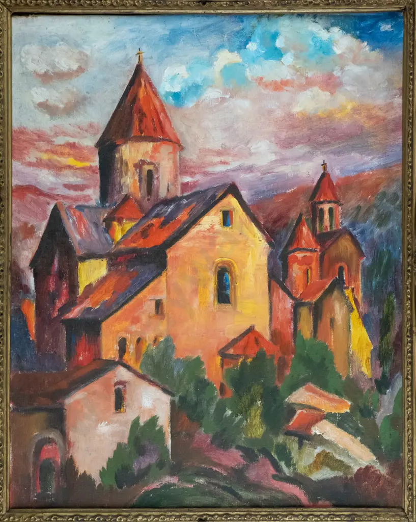 Hardwicke Knight - framed oil - church and buildings scene H-480 W-390 Image 1++