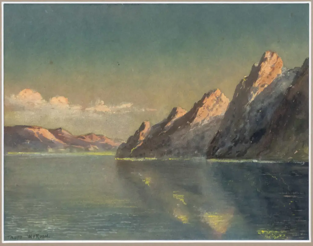William J Rush - framed watercolour - lake and mountain scene H-200 W-260 Image 1++