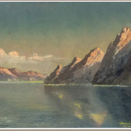 William J Rush - framed watercolour - lake and mountain scene H-200 W-260