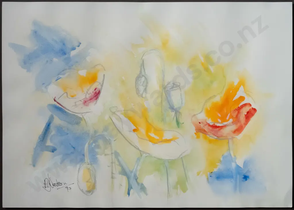 Angus Watson '95 - framed acrylic "Poppies" H-410 W-580 (warping to paper) Image 1++