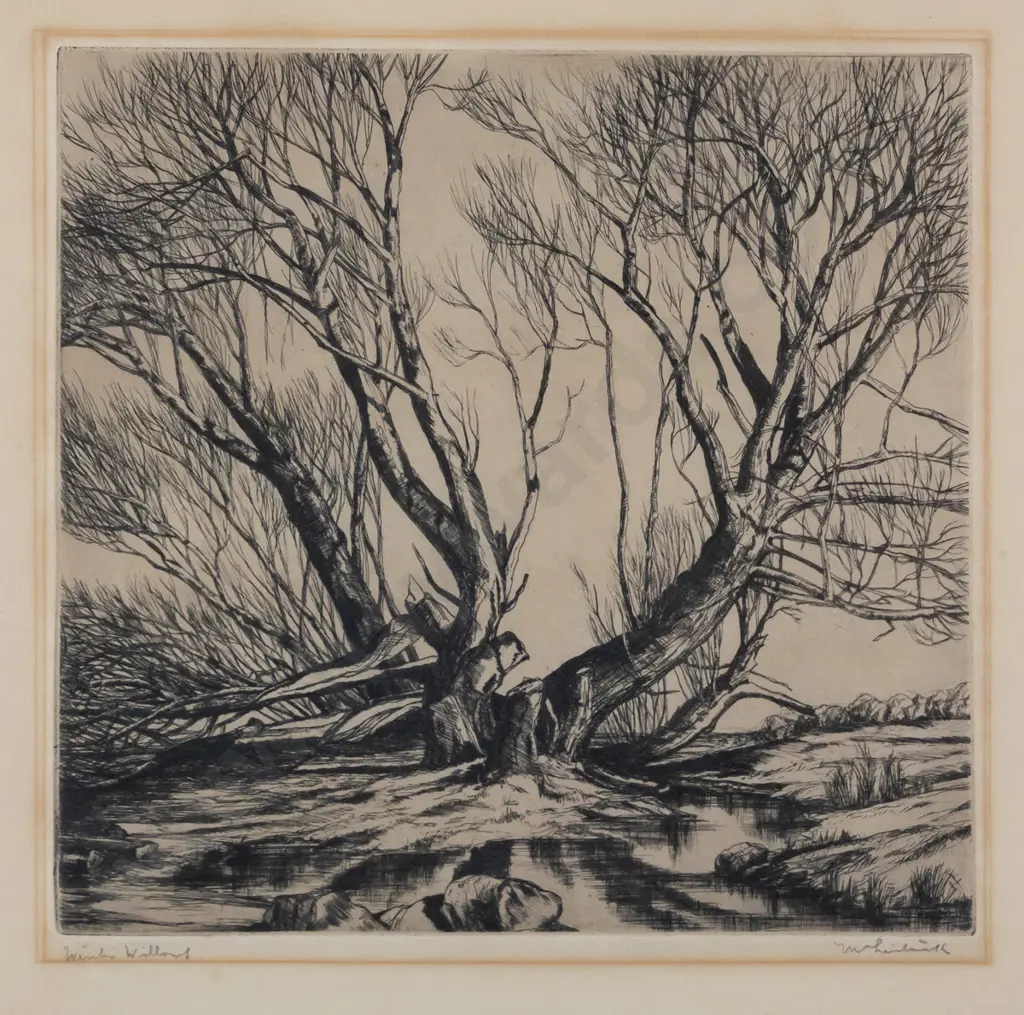 AH McLintock - framed etching "Winter Willows" H-240 W-250 Image 1++