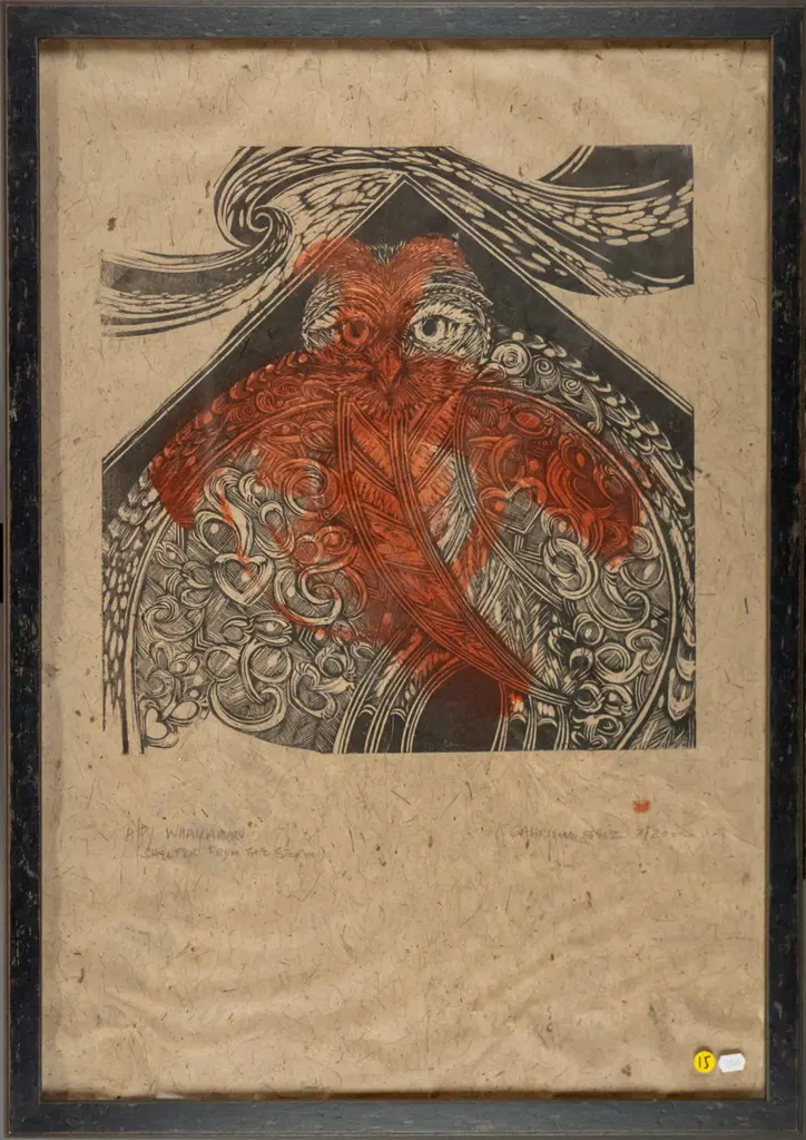 Gabrielle Belz 7/2000 - framed A/P "Whakaruru (Shelter From the Storm)" H-440 W-390 (warping to paper) Image 1++