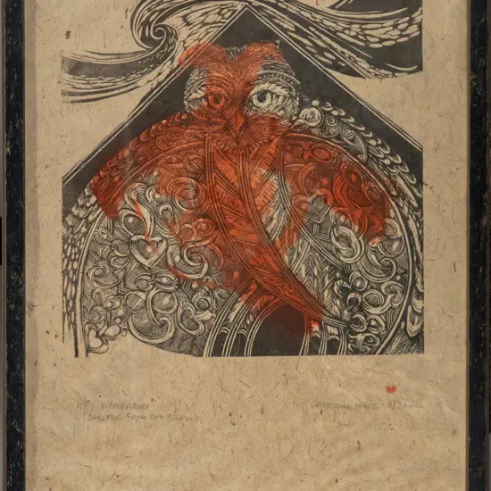 Gabrielle Belz 7/2000 - framed A/P "Whakaruru (Shelter From the Storm)" H-440 W-390 (warping to paper)