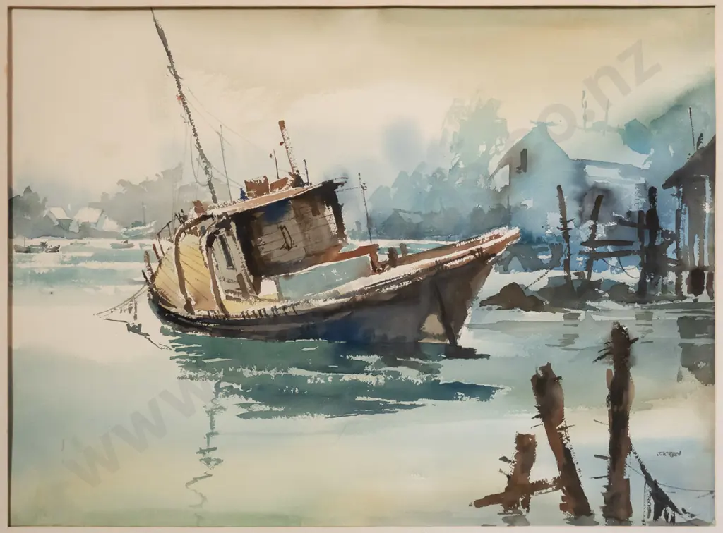 JK Reed - framed watercolour - boat on mooring H-540 W-740 (framing needs attention) Image 1++