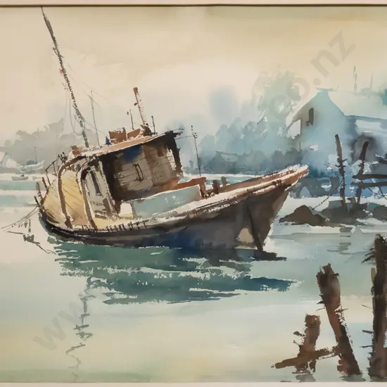 JK Reed - framed watercolour - boat on mooring H-540 W-740 (framing needs attention)