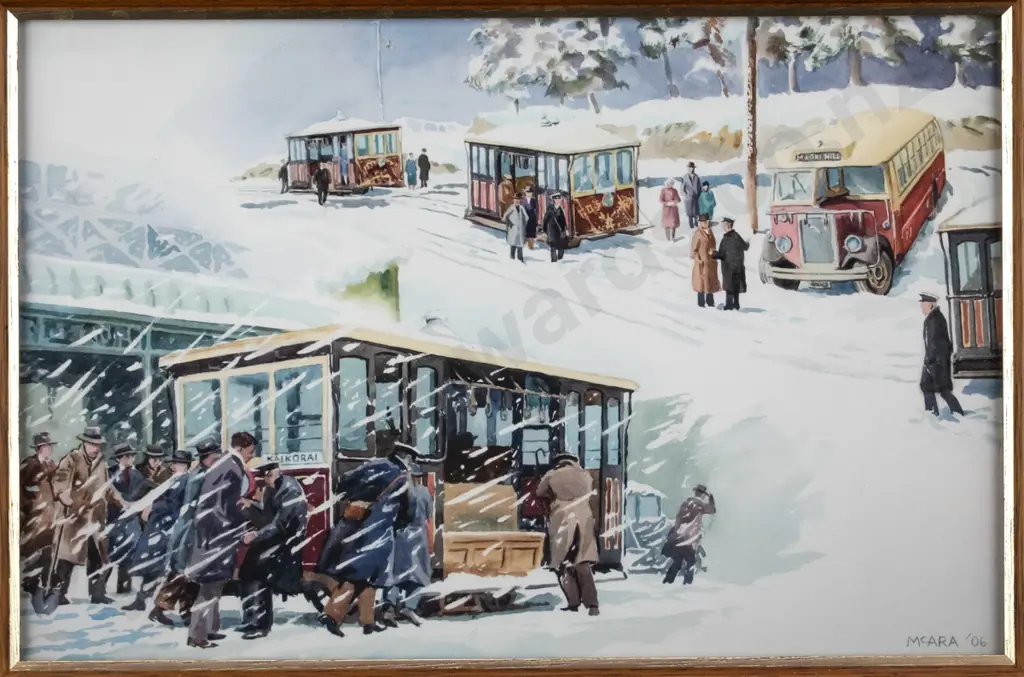 Don McAra - framed watercolour - Dunedin snow scene H-190 W-290 Image 1++