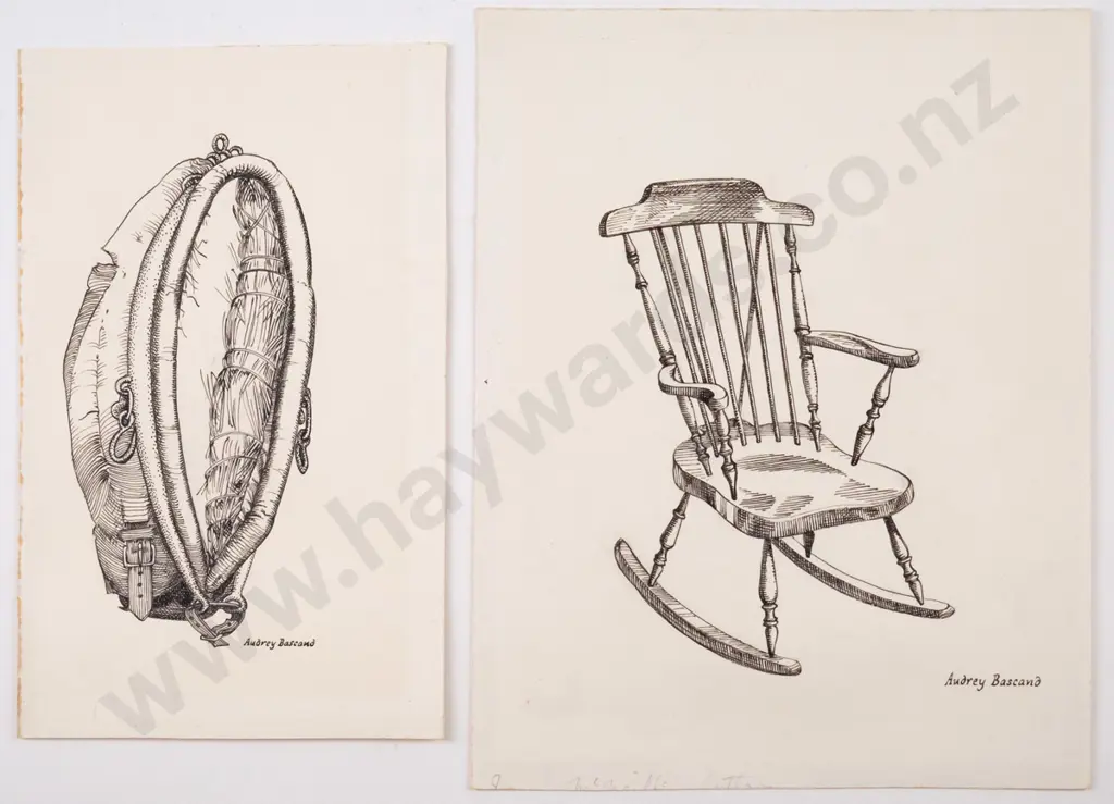 2x Audrey Bascand - unframed ink - rocking chair, horse yoke Largest H-260 W-200 Image 1++