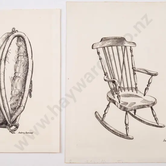 2x Audrey Bascand - unframed ink - rocking chair, horse yoke Largest H-260 W-200