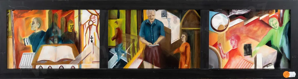 (E.K.?) Chalmers - framed oil on board - religious scenes triptych. Largest panel H-125 W-195, Image 1++