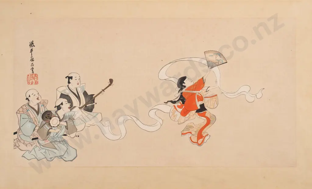 Itcho circa 1680s - unframed kakemono in colours on paper - cloth bleaching dance H-175 W-330 Image 1++