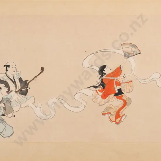 Itcho circa 1680s - unframed kakemono in colours on paper - cloth bleaching dance H-175 W-330