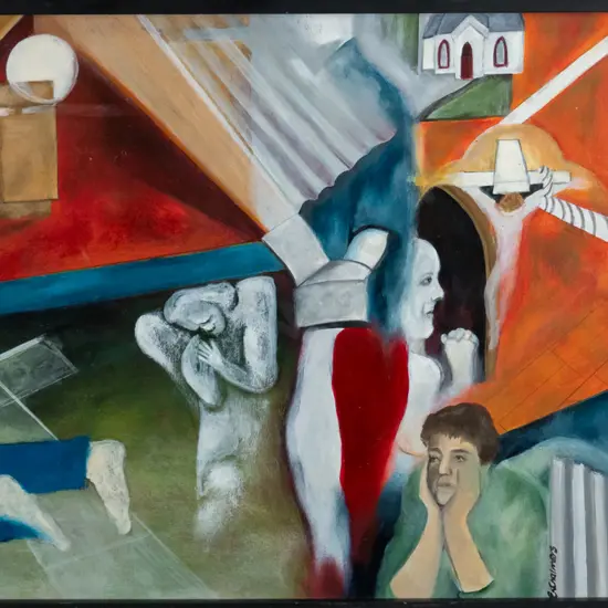 (E.K.?) Chalmers - framed oil on board - religious scene H-240 W-365